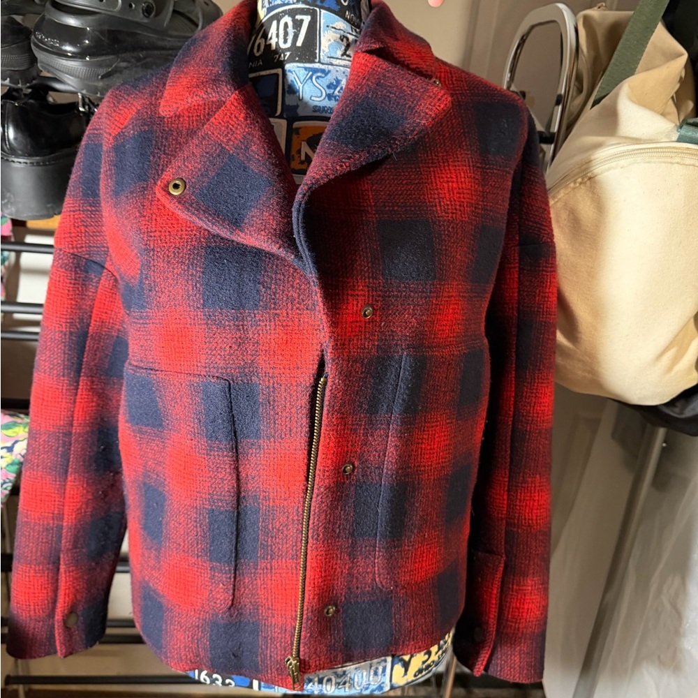 Fossil Red and Black Plaid Bomber Jacket